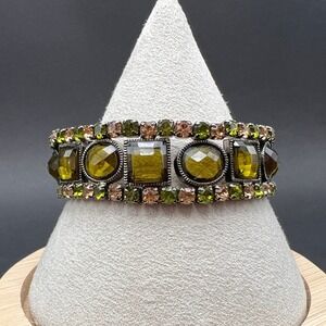 Vintage Rhinestone Stretch Bracelet Olive Green Peridot Peach Faceted Crystals